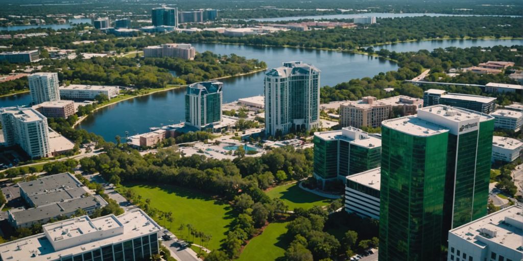 Imagen aérea de Visions Orlando mostrando edificios y naturaleza