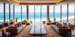 Interior de lujoso apartamento con vista al mar.